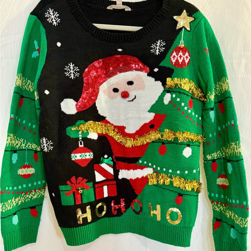 No Boundaries Xmas Ugly Sweater Santa Tree Sequins XXL 19 Lights Ho Ho Ho EUC